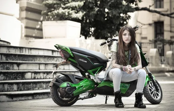 Картинка девушка, поза, мотоцикл, азиатка