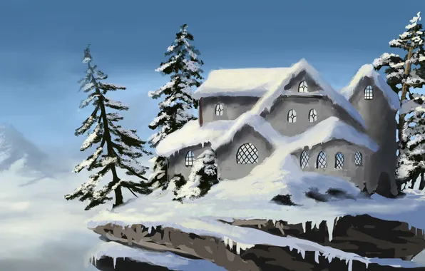 Картинка снег, деревья, горы, дом, скалы, ель, домик, хижина