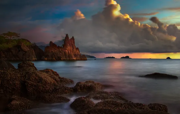 Море, пейзаж, природа, камни, скалы, вечер, облако, Таиланд