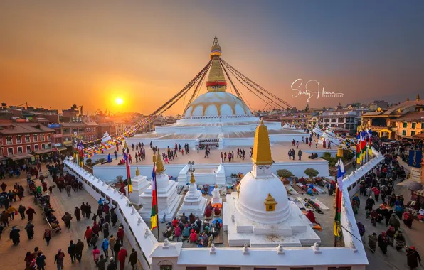 Небо, закат, дома, площадь, Temple, Nepal, фотограф Shirly Hamra
