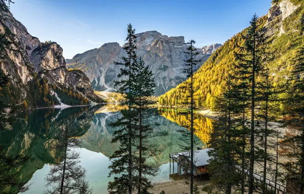 Осень, деревья, горы, озеро, Альпы