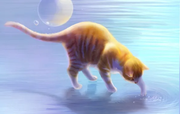 Картинка кошка, вода, круги, арт, рыжая, пузырь