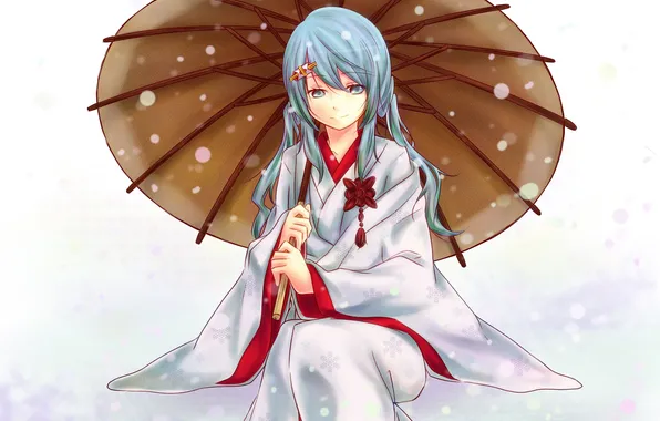 Картинка зима, девушка, снег, снежинки, зонт, арт, кимоно, vocaloid