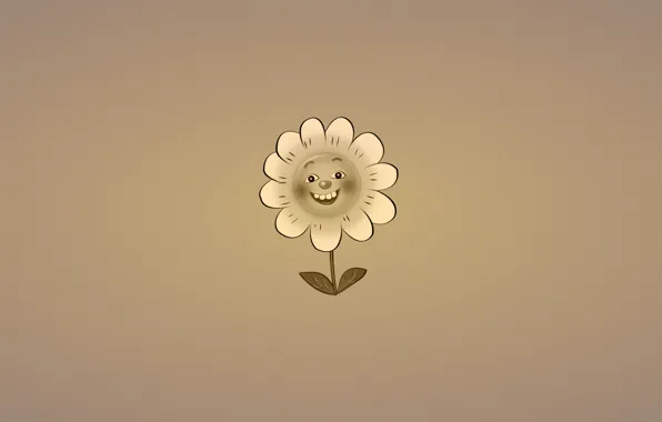 Картинка цветок, улыбка, растение, минимализм, ромашка, листочки, темноватый фон