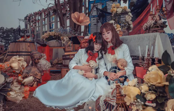 Фон, девушки, игрушки, куклы, платье