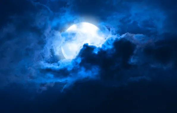 Небо, облака, пейзаж, ночь, Луна, moon, лунный свет, sky