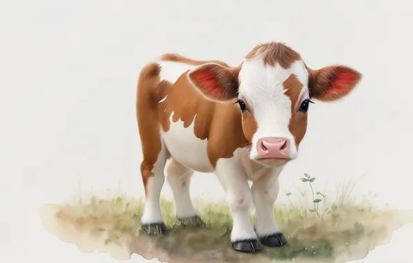 Животное, рисунок, корова, акварель, милый, детеныш, animal, baby