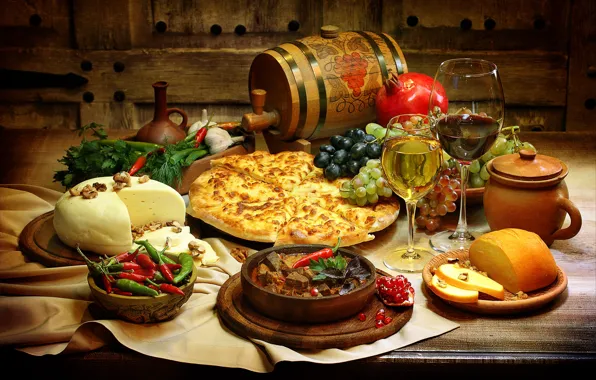 Картинка зелень, стол, вино, сыр, бокалы, виноград, перец, овощи