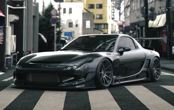 Авто, Черный, Машина, Улица, Mazda, RX-7, Рендеринг, Mazda RX7