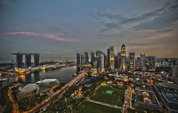 Картинка дорога, мост, дома, вечер, панорама, отель, высотки, Singapore
