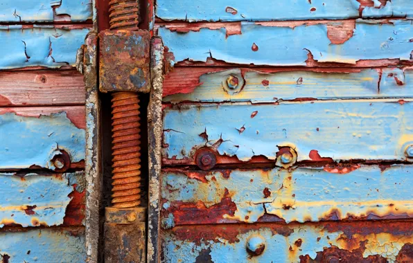 Metal, red, wood, paint, cyan, rust