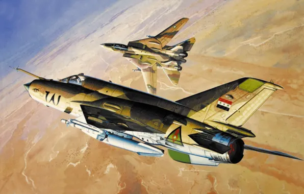 War, aviation art, Grumman F-14 Tomcat, paintng, Mig-21 MF JAY Fighter