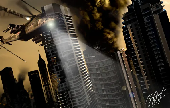 Война, здания, вертолёт