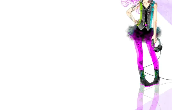 Картинка девушка, бабочка, наушники, арт, провод, Vocaloid, Kagamine Rin, Вокалоид