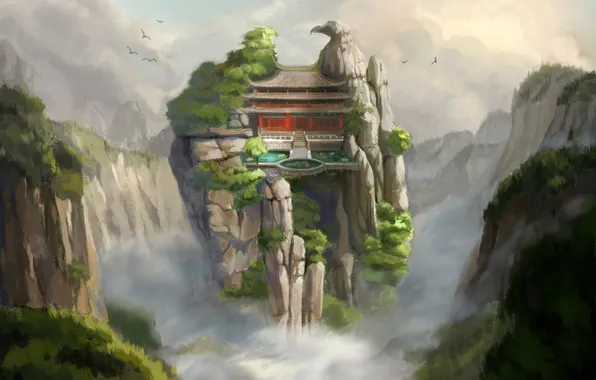 Картинка пейзаж, горы, скалы, азия, вид, высота, арт, храм