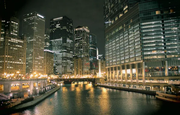 Картинка вода, ночь, небоскребы, Чикаго, USA, Chicago, мегаполис, illinois