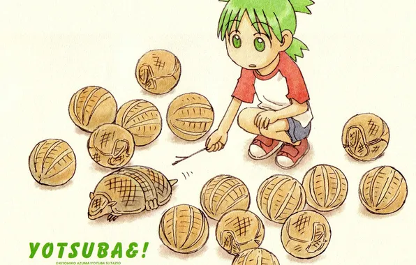 Удивление, мячи, зеленые волосы, много, броненосец, в кедах, Yotsubato, by Kiyohiko Azuma