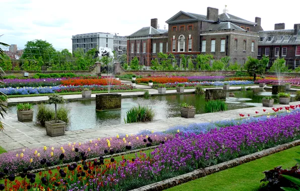 Картинка зелень, цветы, Англия, Лондон, растения, сад, фонтаны, дворец