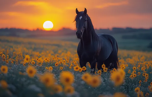 Взгляд, морда, природа, поза, конь, лошадь, ИИ-арт, нейросеть