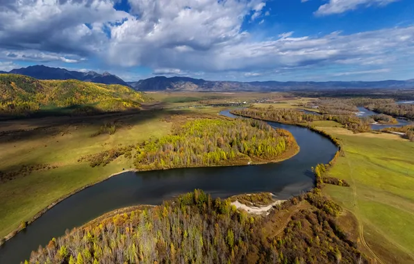 Картинка Россия, river, sky, mountains, clouds, curves, valley, река Иркут