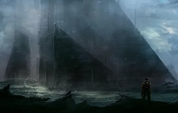 Картинка здание, человек, ChrisCold, sci fi city wall