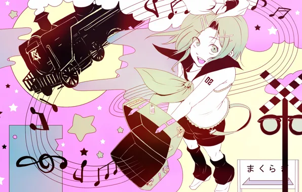 Девушка, ноты, поезд, Vocaloid, Вокалоид, Кагомине Рин