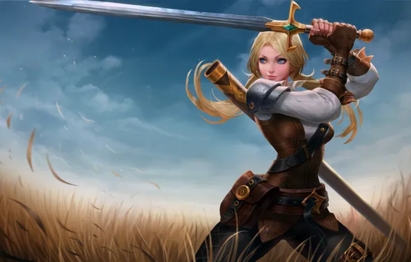 Картинка girl, sword, fantasy, field, weapon, Warrior, blue eyes, blonde