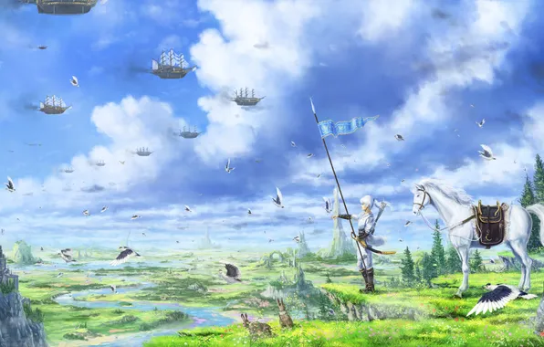 Картинка небо, девушка, облака, пейзаж, горы, лошадь, корабли, аниме
