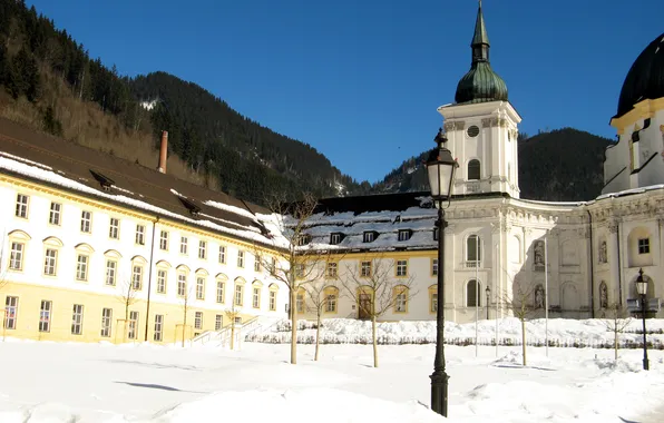 Картинка зима, лес, солнце, снег, пейзаж, горы, Германия, Бавария