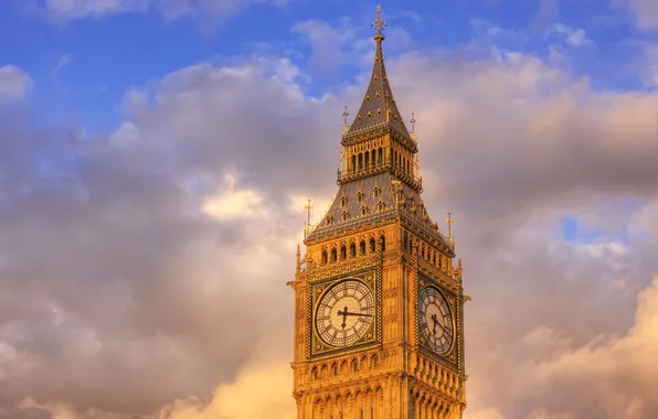 Небо, облака, город, часы, башня, лондон