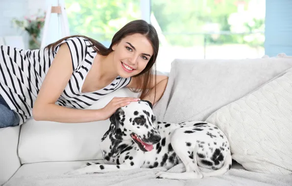 Девушка, настроение, собака, далматин, dog, dalmatian