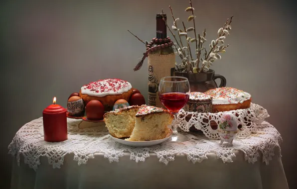 Стол, огонь, праздник, вино, бокал, бутылка, свеча, яйца