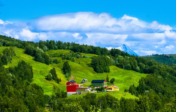 Картинка небо, трава, облака, деревья, горы, дома, склон, норвегия