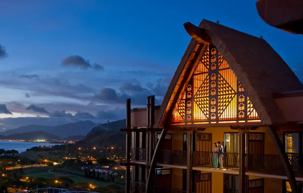 Картинка город, огни, океан, вечер, Hawaii, Aulani Resort