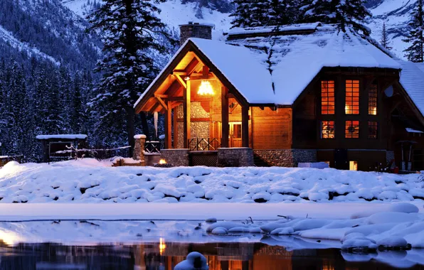 Картинка зима, лес, снег, озеро, дом, nature, winter, snow