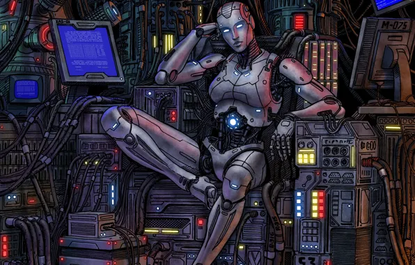 Робот, Провода, Стиль, Fantasy, Арт, Art, Robot, Техника