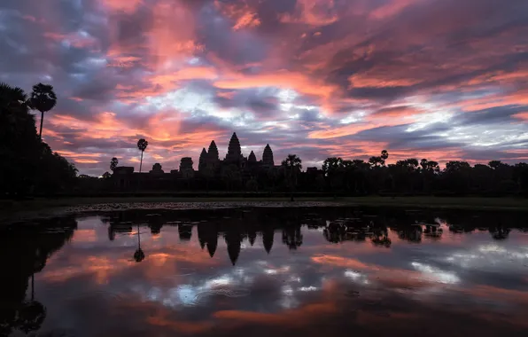 Небо, вода, отражения, утро, Камбоджа, храмовый комплекс, Ангкор-Ват, អង្គរវត្ត