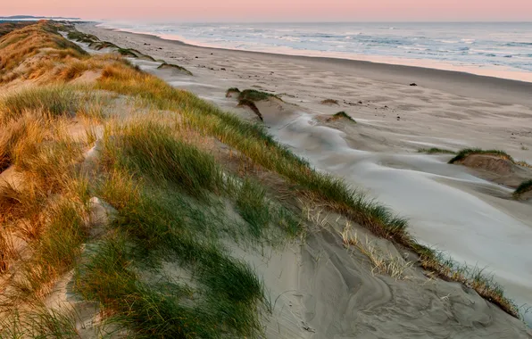 Картинка песок, море, небо, трава, закат