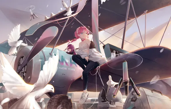 Девушка, птицы, самолет, Arknights, Blue Poison