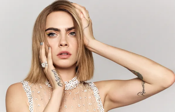 Картинка девушка, лицо, модель, макияж, тату, губы, Cara Delevingne