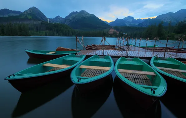 Картинка лес, горы, озеро, спокойствие, лодки, утро, причал, Словакия