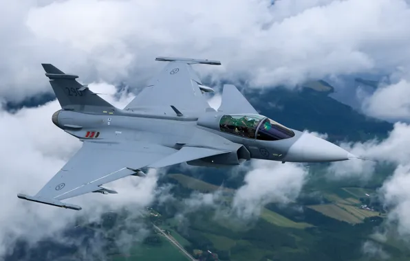 Облака, полет, земля, истребитель, бомбардировщик, многоцелевой, Gripen