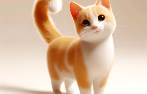Кошка, поза, котенок, рыжий, хвостик, ИИ-арт, нейросеть