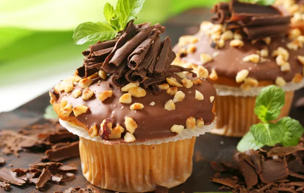 Сладость, шоколад, орехи, cake, мята, chocolate, nuts, кекс