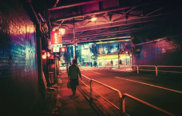 Дорога, Ночь, Город, Люди, Свет, Токио, Фонари, Tokyo