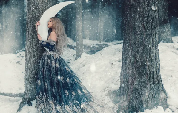 Картинка зима, лес, девушка, снег, деревья, волосы, мило, месяц
