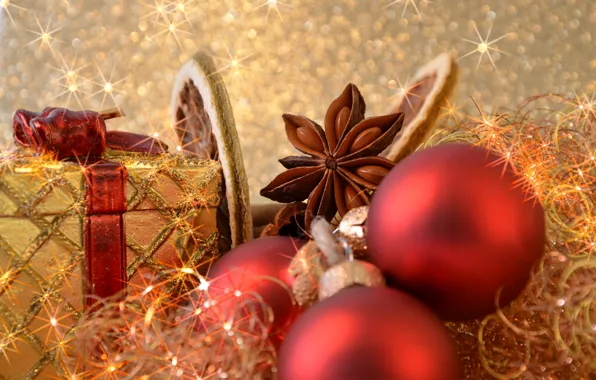 Картинка шарики, золото, шары, игрушки, блеск, Новый Год, Рождество, подарки
