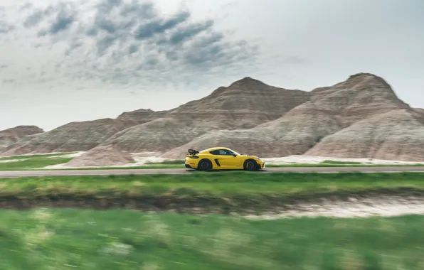 Картинка Porsche, Cayman, yellow, mountains, sports car, Weissach Package, 718, Porsche 718 Cayman GT4 RS