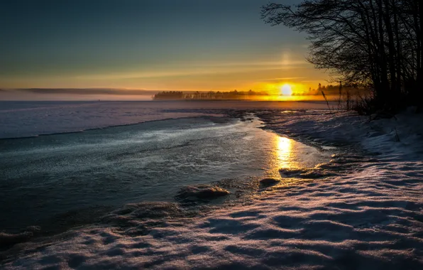 Картинка зима, вода, солнце, снег, пейзаж, закат, природа, вечер