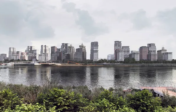 Небо, здания, набережная, водоём, жилой комплекс в городе Тюмень